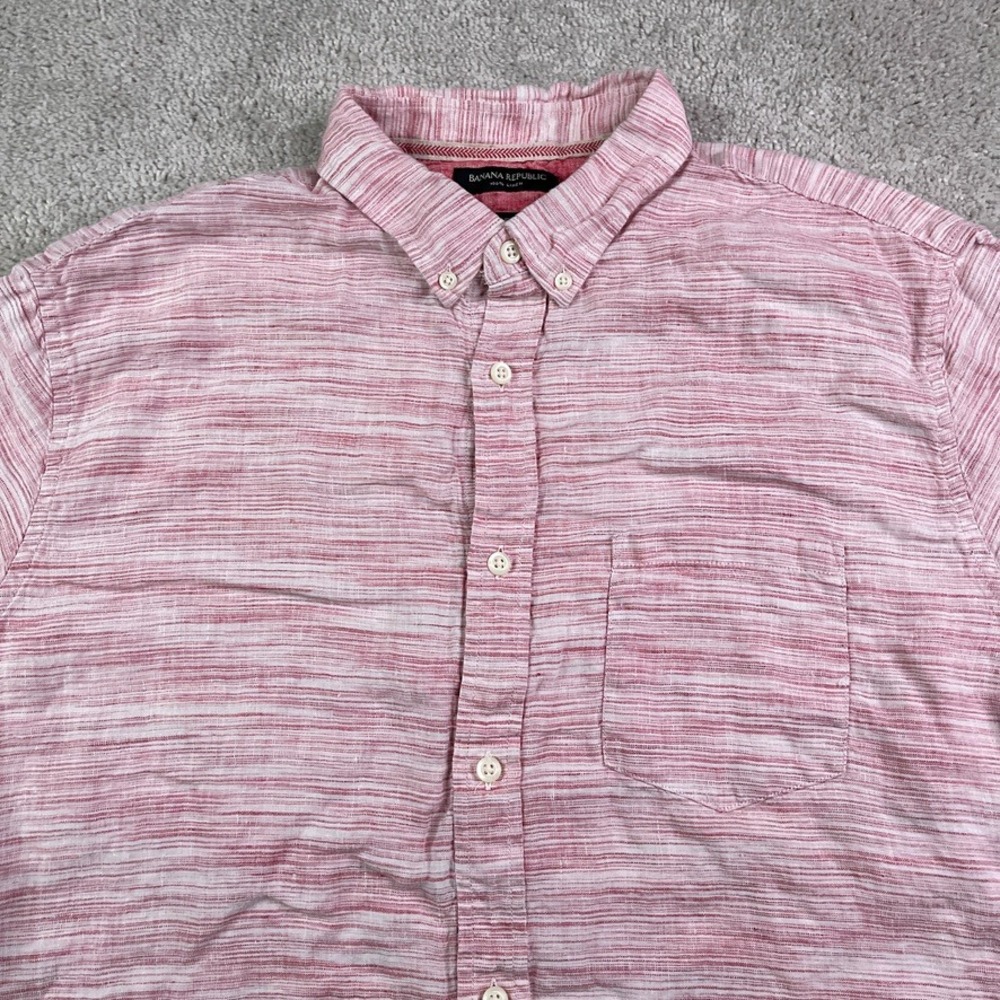 Banana Republic Shirt Mens XL Pink‎ Stripes Linen Camden Fit Short Sleeve